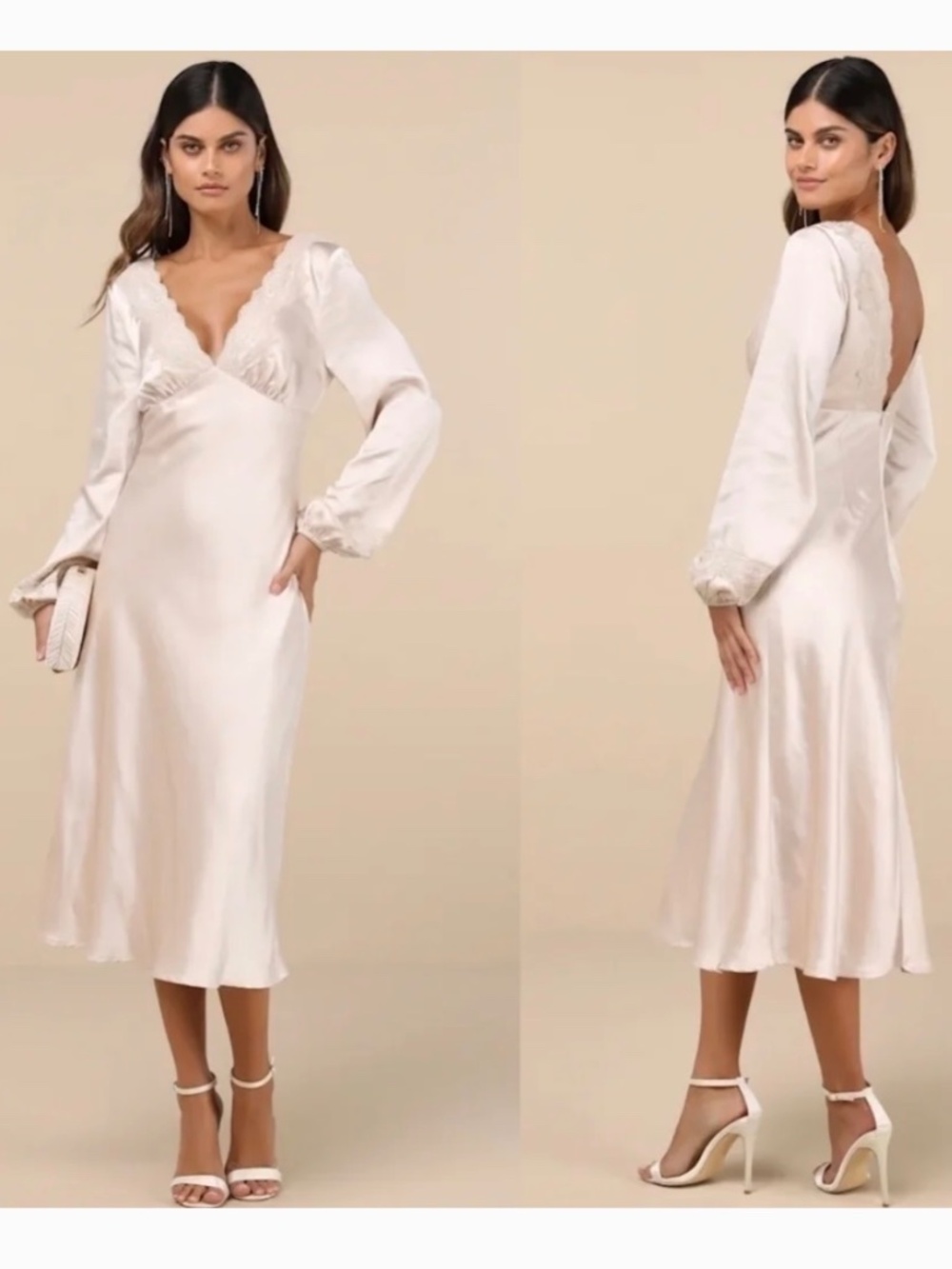 NWOT Lulus Illustrious Elegance Champagne Satin Long Sleeve Midi Dress L